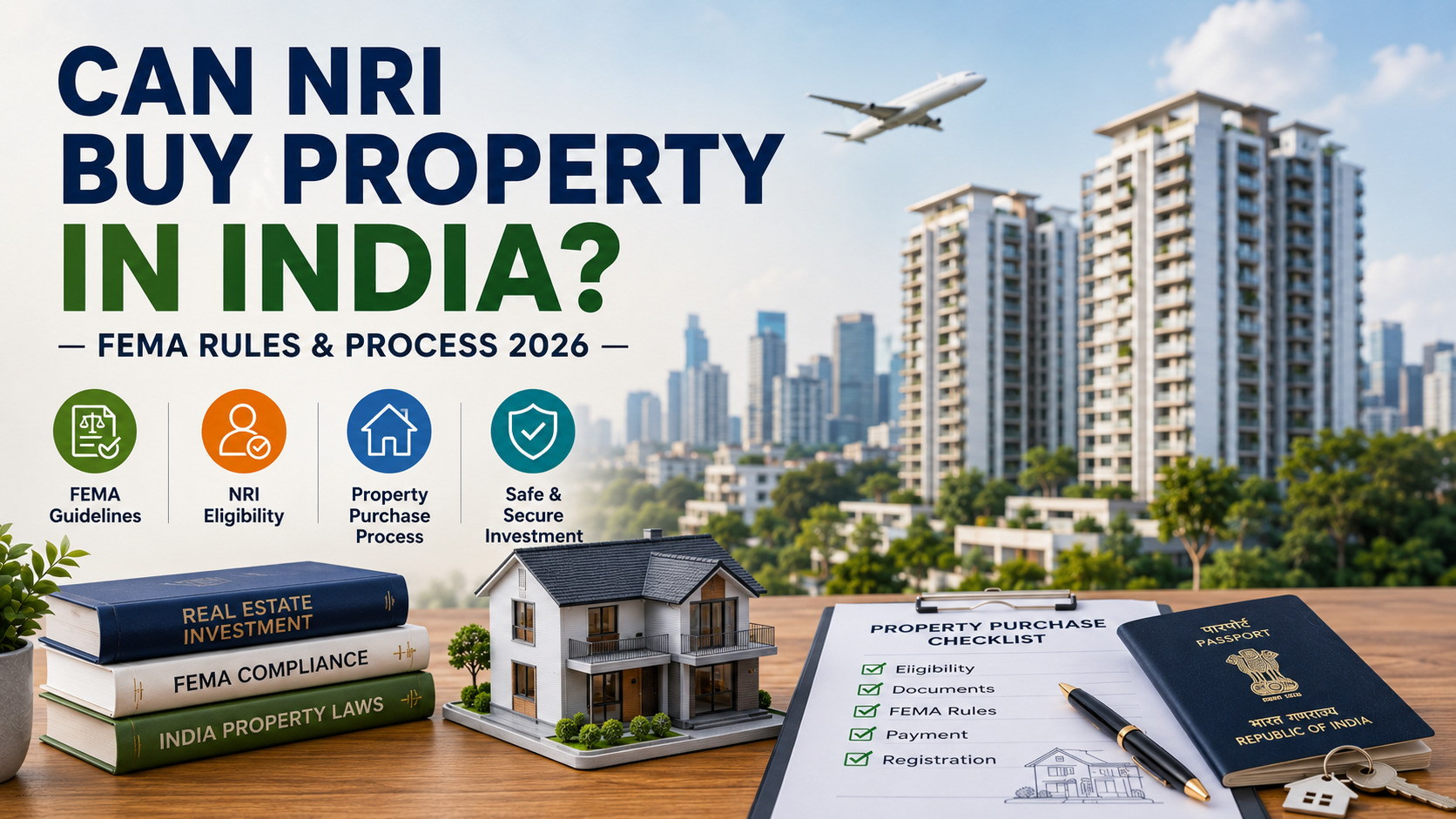 Can NRI buy property in India with FEMA rules, property purchase process, passport, legal documents, and modern residential apartments 